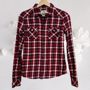 TNA Plaid Flannel Shirt Classic Fit - Blue Red White Button Up Long Sleeve XS